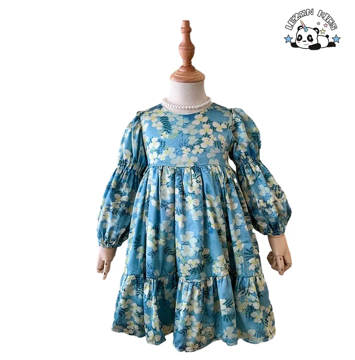 LEZONKIDS - New Spring Girls' Dress Floral Lovely Puff Sleeve Sweet Bow Princess Flower Little Girls Dress